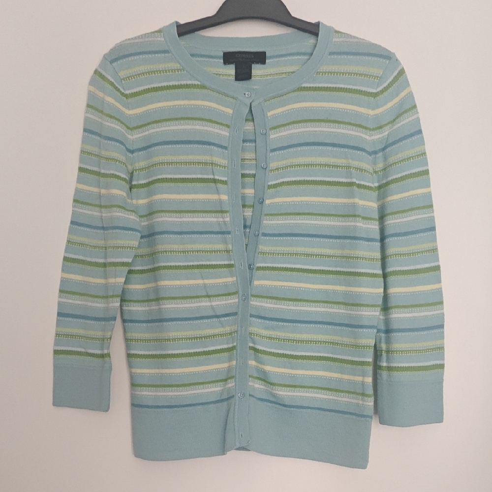 Express Light Blue and Green Striped Cardigan